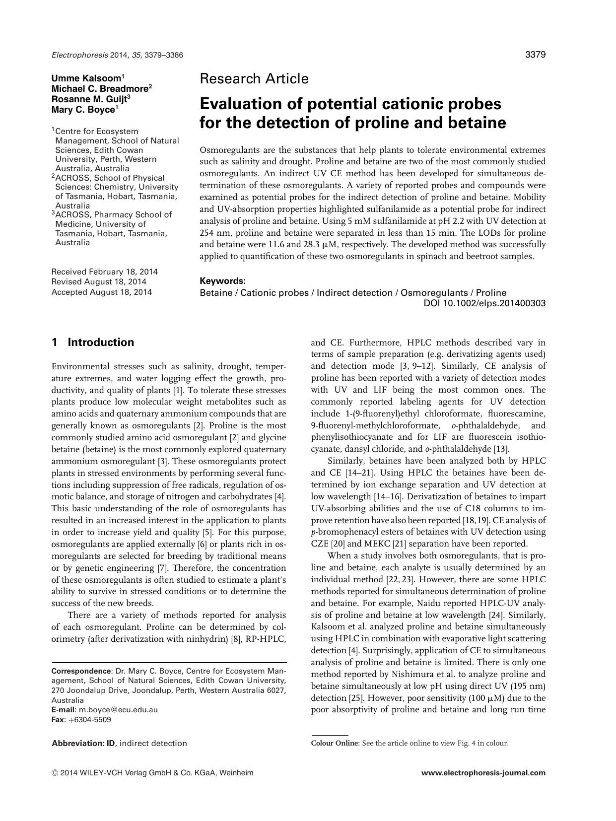 Evaluation of potential cationic probes for the detection of proline and betaine by Unknown