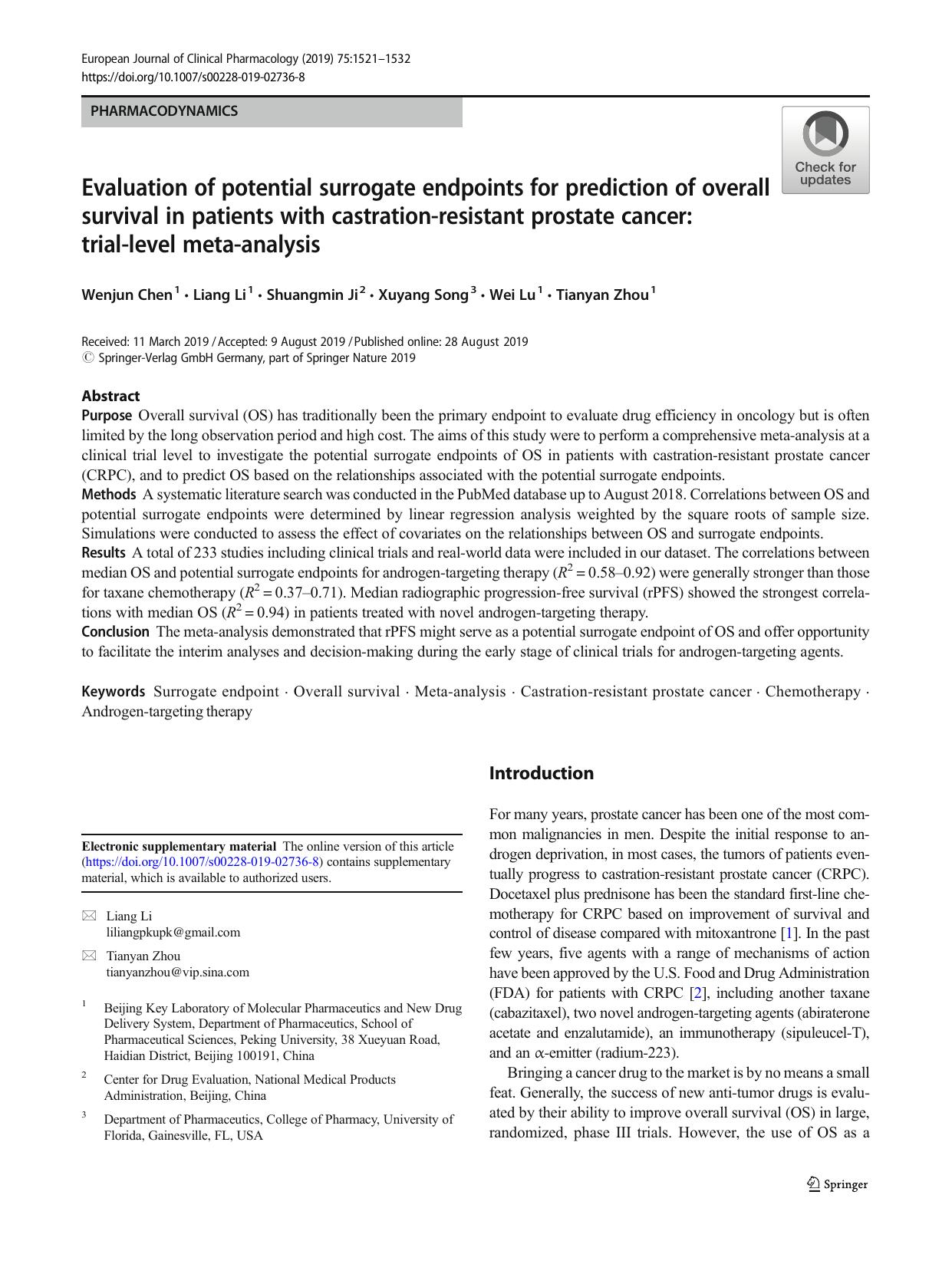 Evaluation of potential surrogate endpoints for prediction of overall survival in patients with castration-resistant prostate cancer: trial-level meta-analysis by Wenjun Chen; Liang Li; Shuangmin Ji; Xuyang Song; Wei Lu; Tianyan Zhou