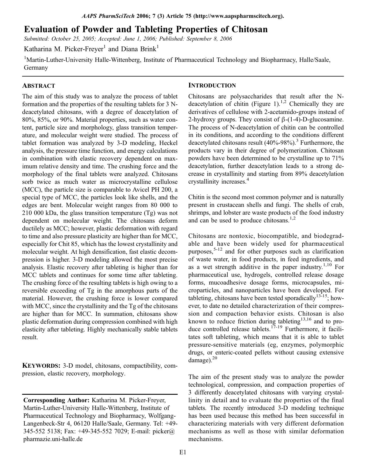 Evaluation of powder and tableting properties of chitosan by Unknown