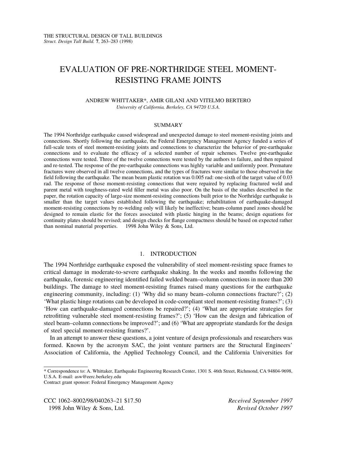 Evaluation of pre-Northridge steel moment-resisting frame joints by Unknown