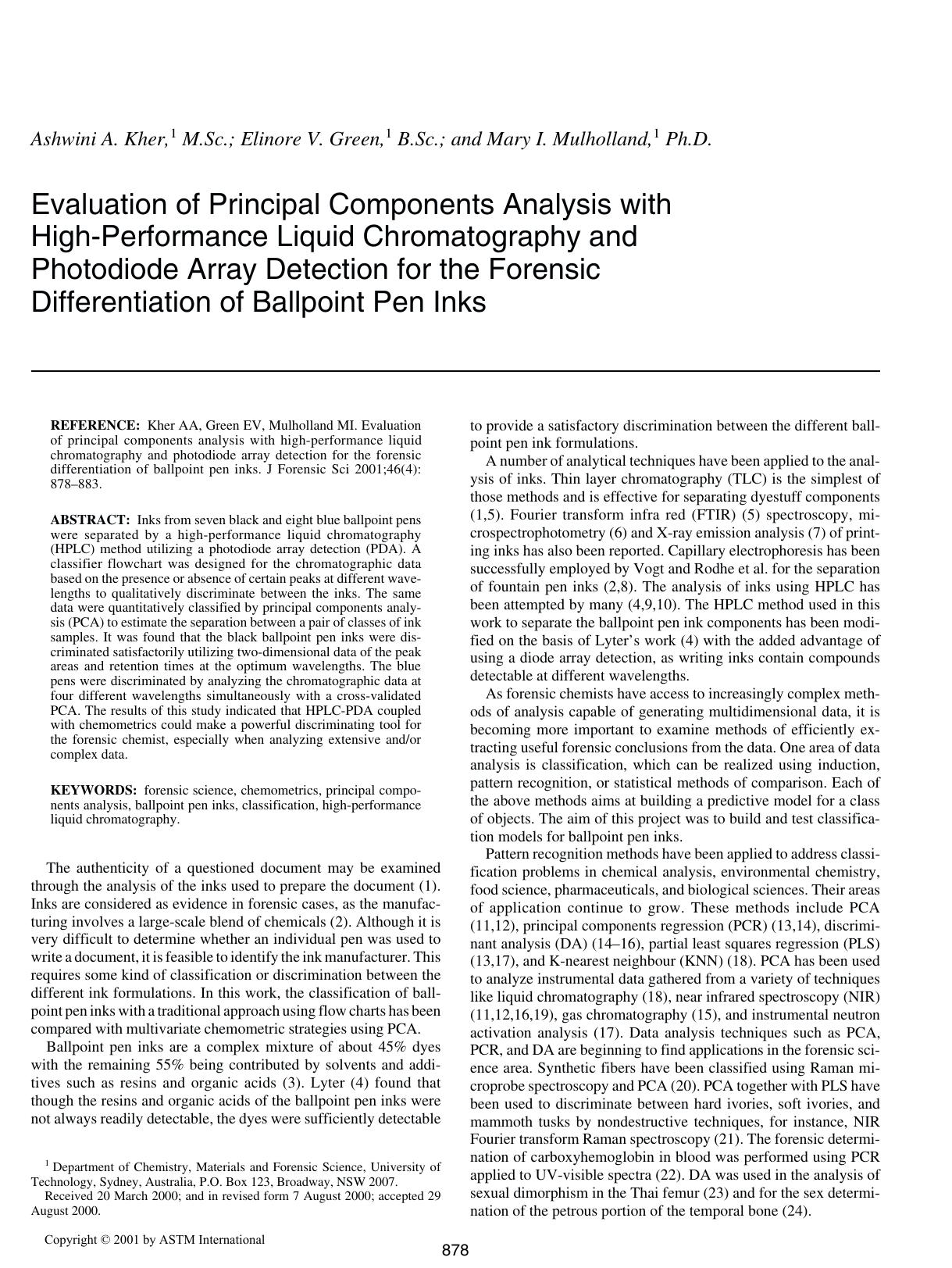 Evaluation of principal components analysis with high-performance liquid chromatography and photodiode array detection for the forensic differentiation of ballpoint pen inks by Kher AA Green EV Mulholland MI