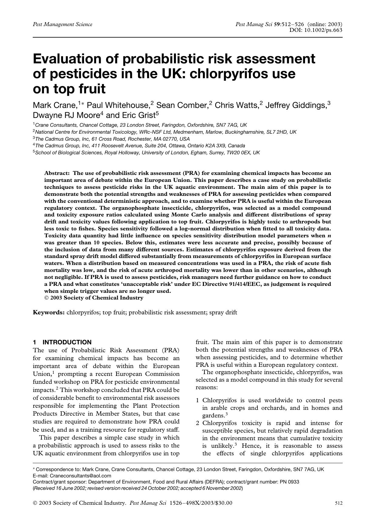 Evaluation of probabilistic risk assessment of pesticides in the UK: chlorpyrifos use on top fruit by Unknown