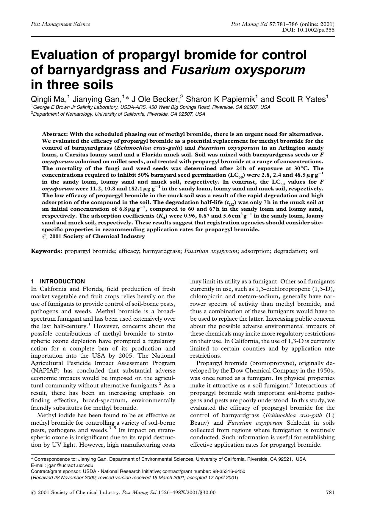 Evaluation of propargyl bromide for control of barnyardgrass and Fusarium oxysporum in three soils by Unknown