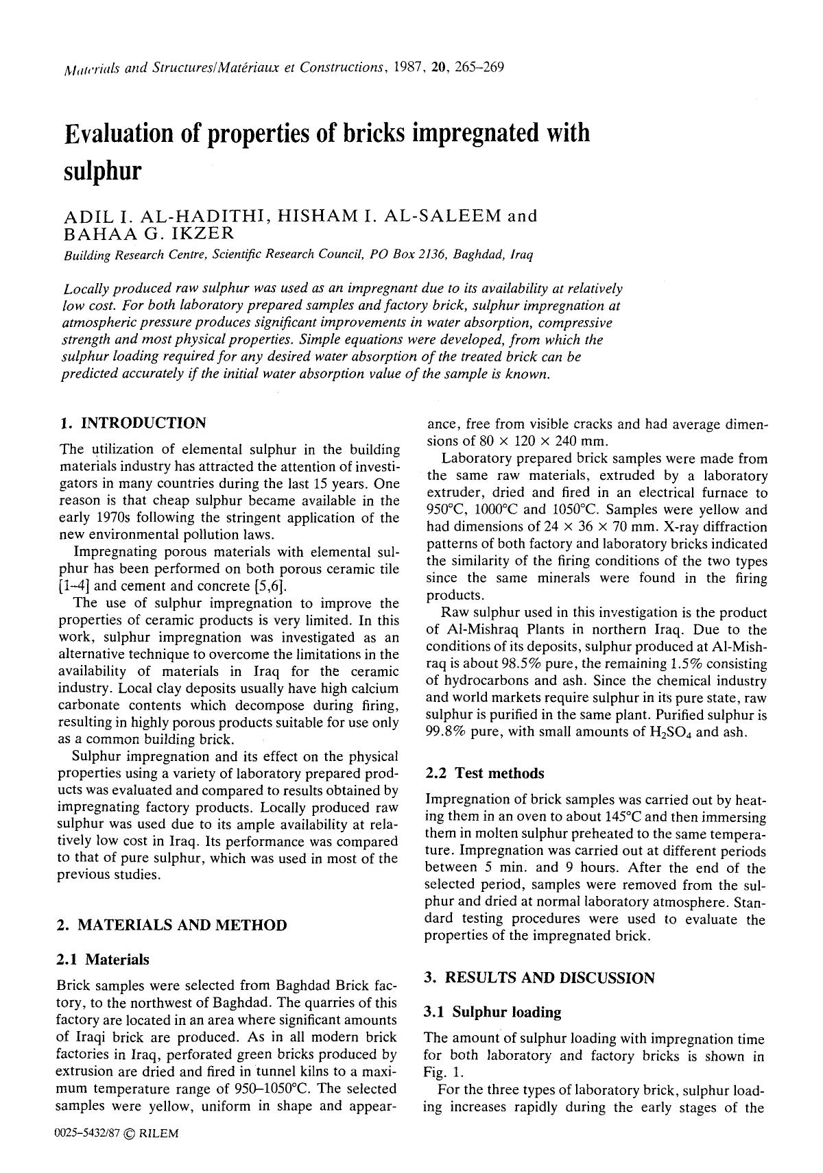 Evaluation of properties of bricks impregnated with sulphur by Unknown
