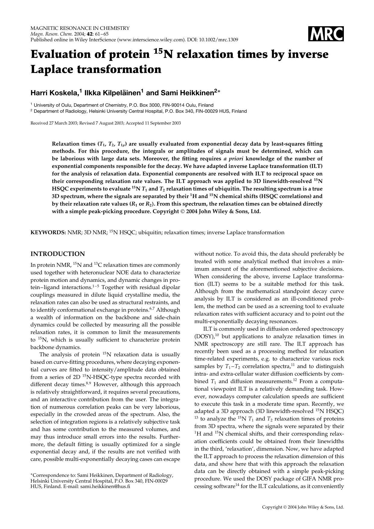 Evaluation of protein 15N relaxation times by inverse Laplace transformation by Unknown