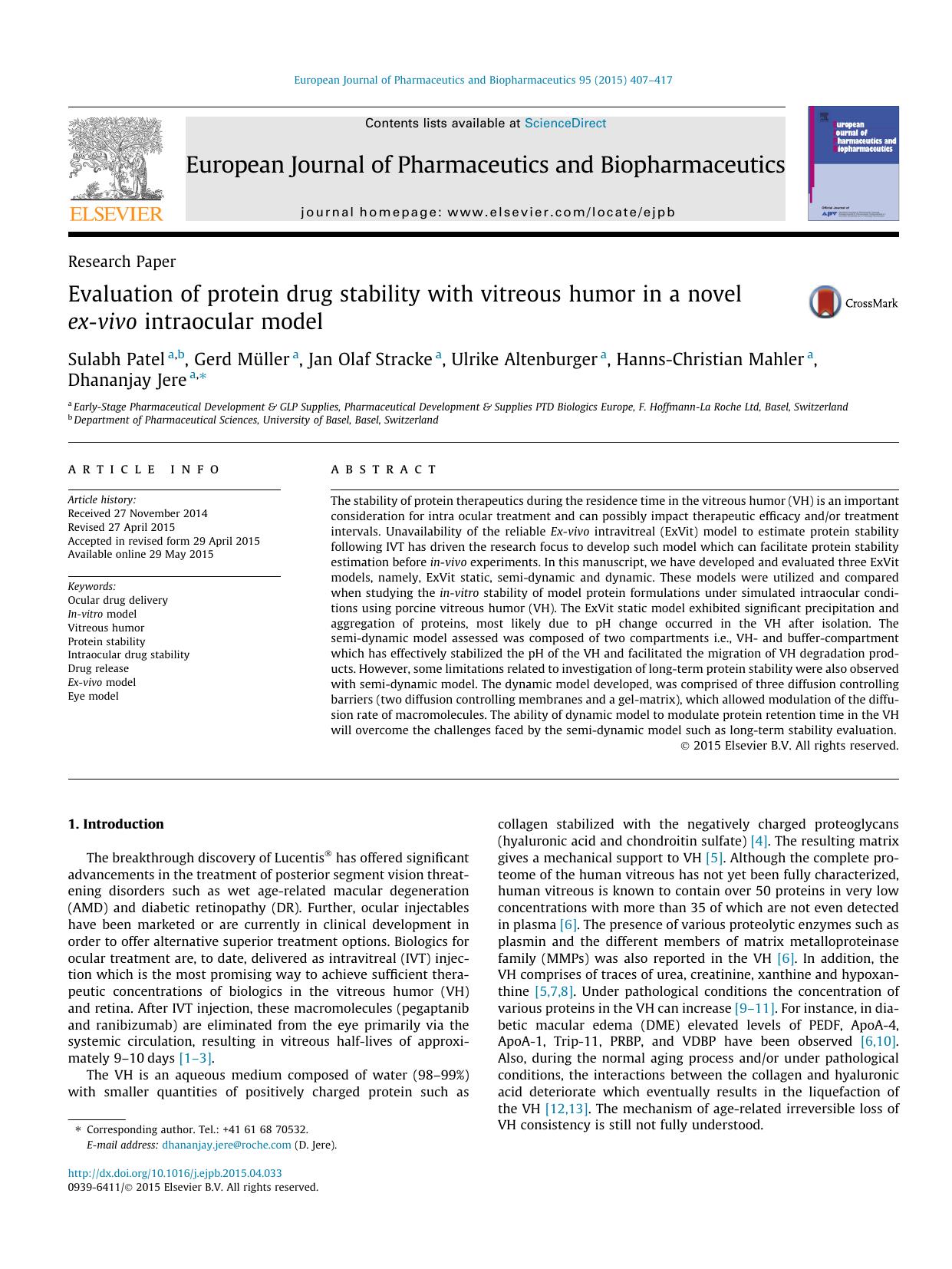 Evaluation of protein drug stability with vitreous humor in a novel ex-vivo intraocular model by unknow