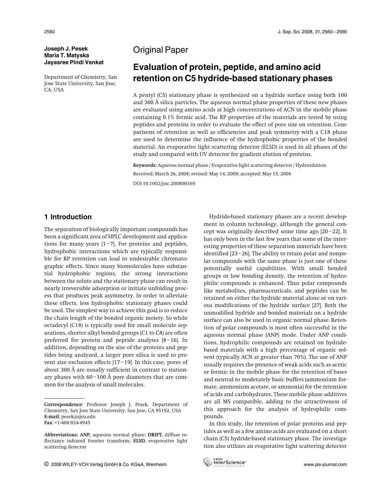 Evaluation of protein, peptide, and amino acid retention on C5 hydride-based stationary phases by Unknown