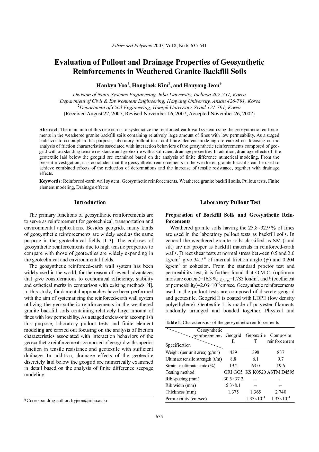 Evaluation of pullout and drainage properties of geosynthetic reinforcements in weathered granite backfill soils by Unknown