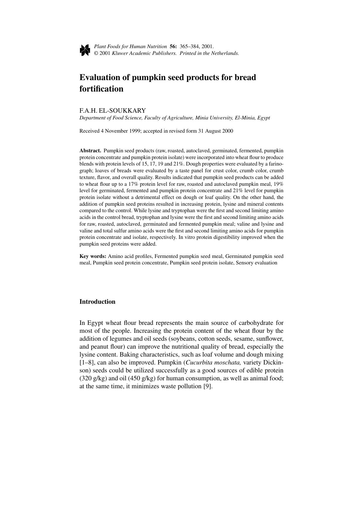 Evaluation of pumpkin seed products for bread fortification by Unknown