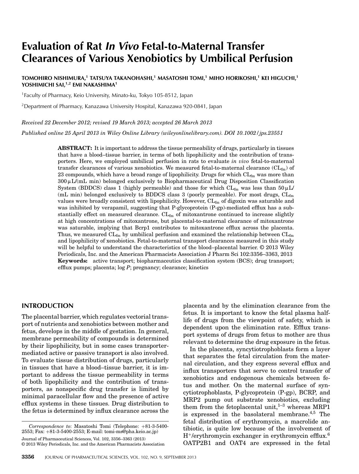 Evaluation of rat in vivo fetaltomaternal transfer clearances of various xenobiotics by umbilical perfusion by Unknown