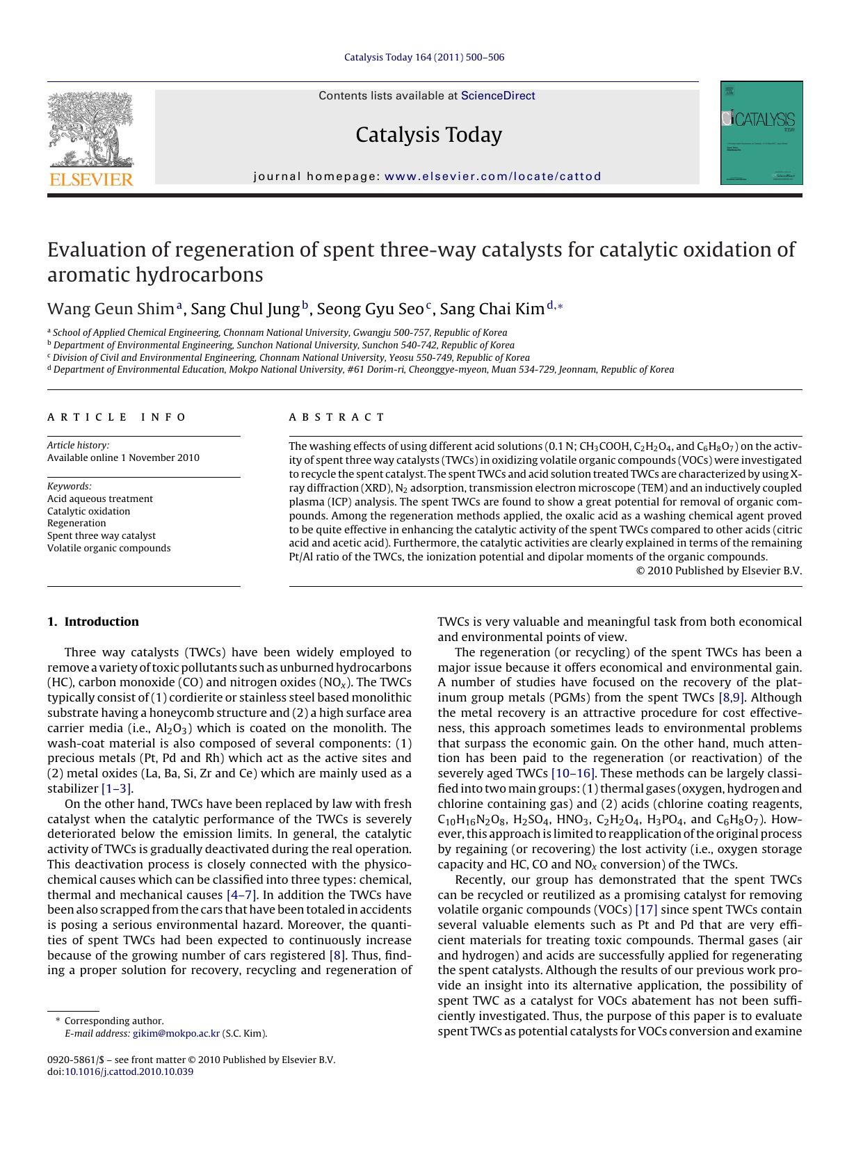 Evaluation of regeneration of spent three-way catalysts for catalytic oxidation of aromatic hydrocarbons by Wang Geun Shim