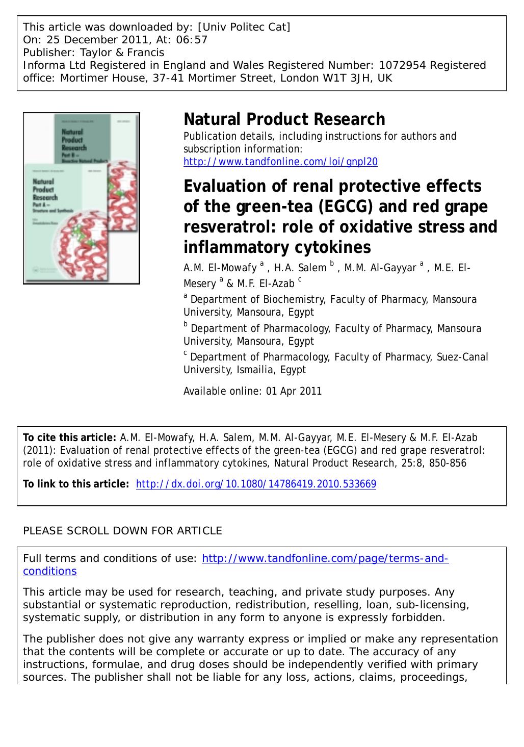 Evaluation of renal protective effects of the green-tea (EGCG) and red grape resveratrol: role of oxidative stress and inflammatory cytokines by unknow