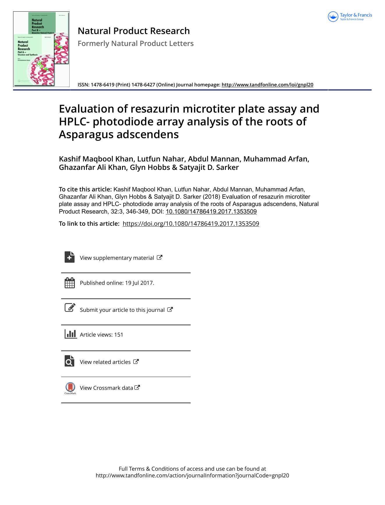Evaluation of resazurin microtiter plate assay and HPLC- photodiode array analysis of the roots of Asparagus adscendens by unknow