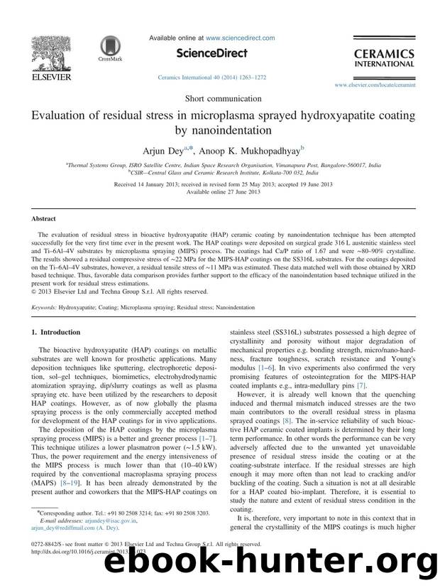 Evaluation of residual stress in microplasma sprayed hydroxyapatite coating by nanoindentation by Arjun Dey & Anoop K. Mukhopadhyay