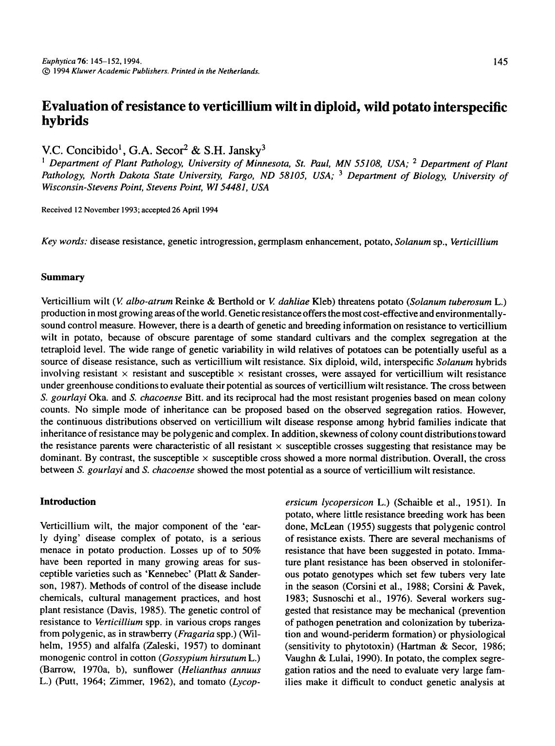 Evaluation of resistance to verticillium wilt in diploid, wild potato interspecific hybrids by Unknown