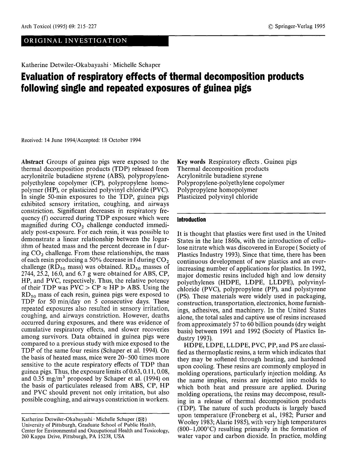 Evaluation of respiratory effects of thermal decomposition products following single and repeated exposures of guinea pigs by Unknown