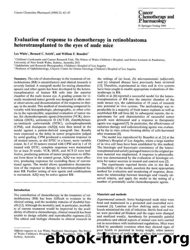 Evaluation of response to chemotherapy in retinoblastoma heterotransplanted to the eyes of nude mice by Unknown