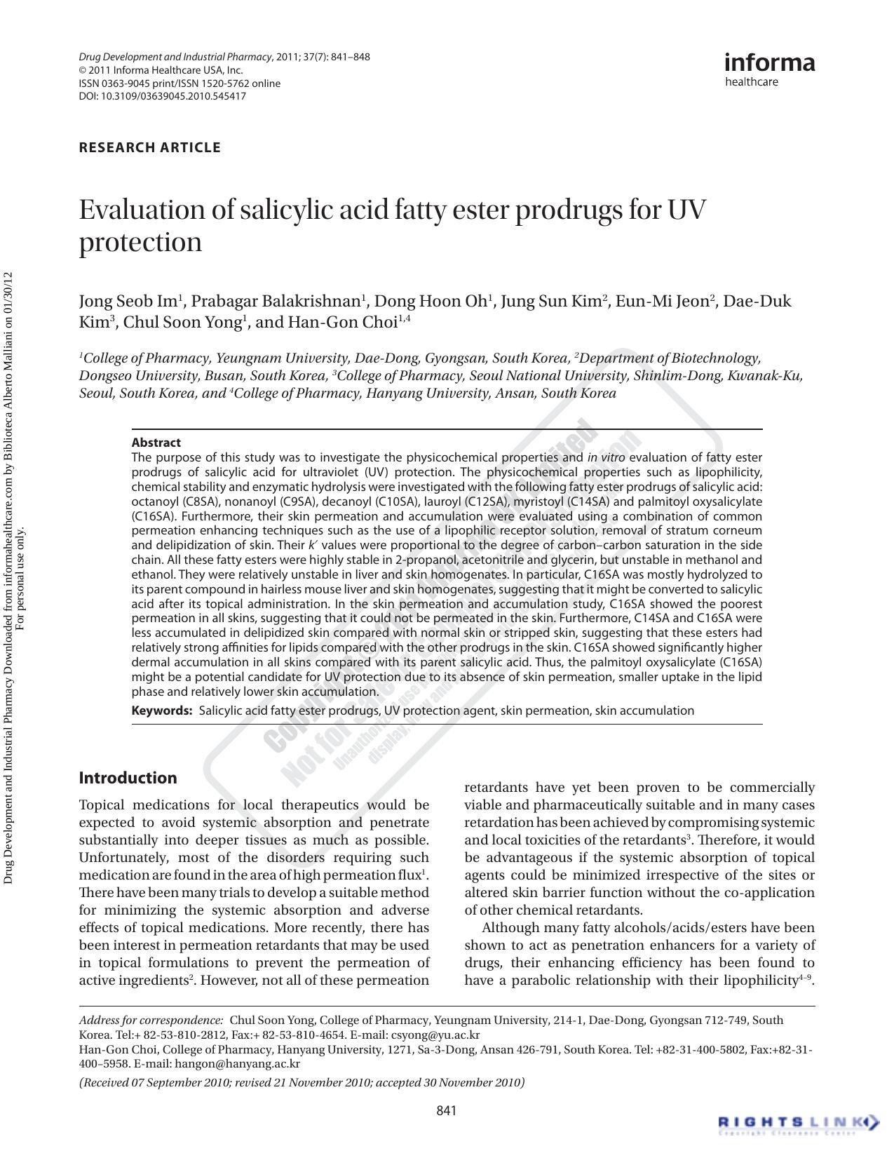 Evaluation of salicylic acid fatty ester prodrugs for UV protection by unknow