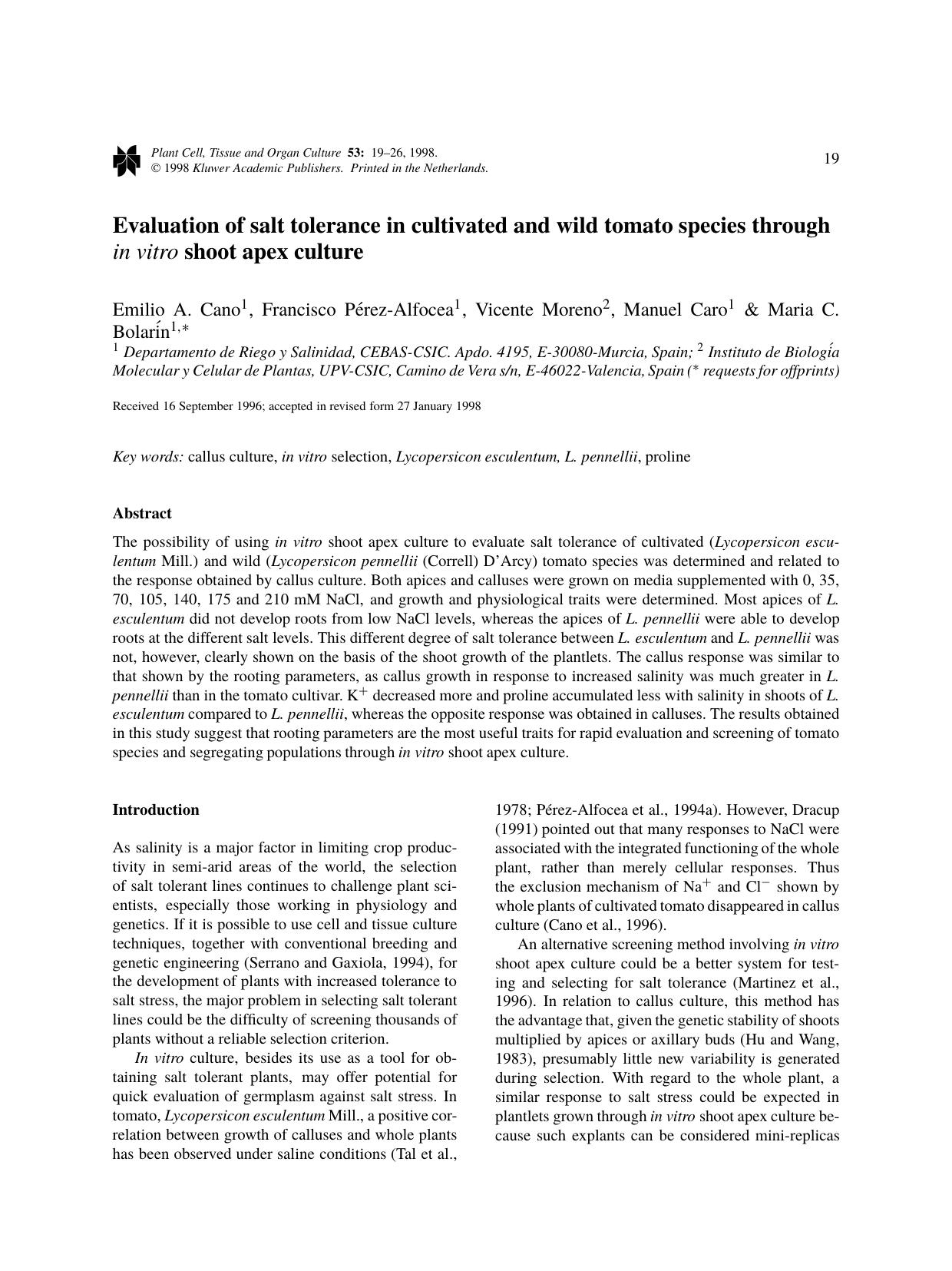 Evaluation of salt tolerance in cultivated and wild tomato species through in vitro shoot apex culture by Unknown