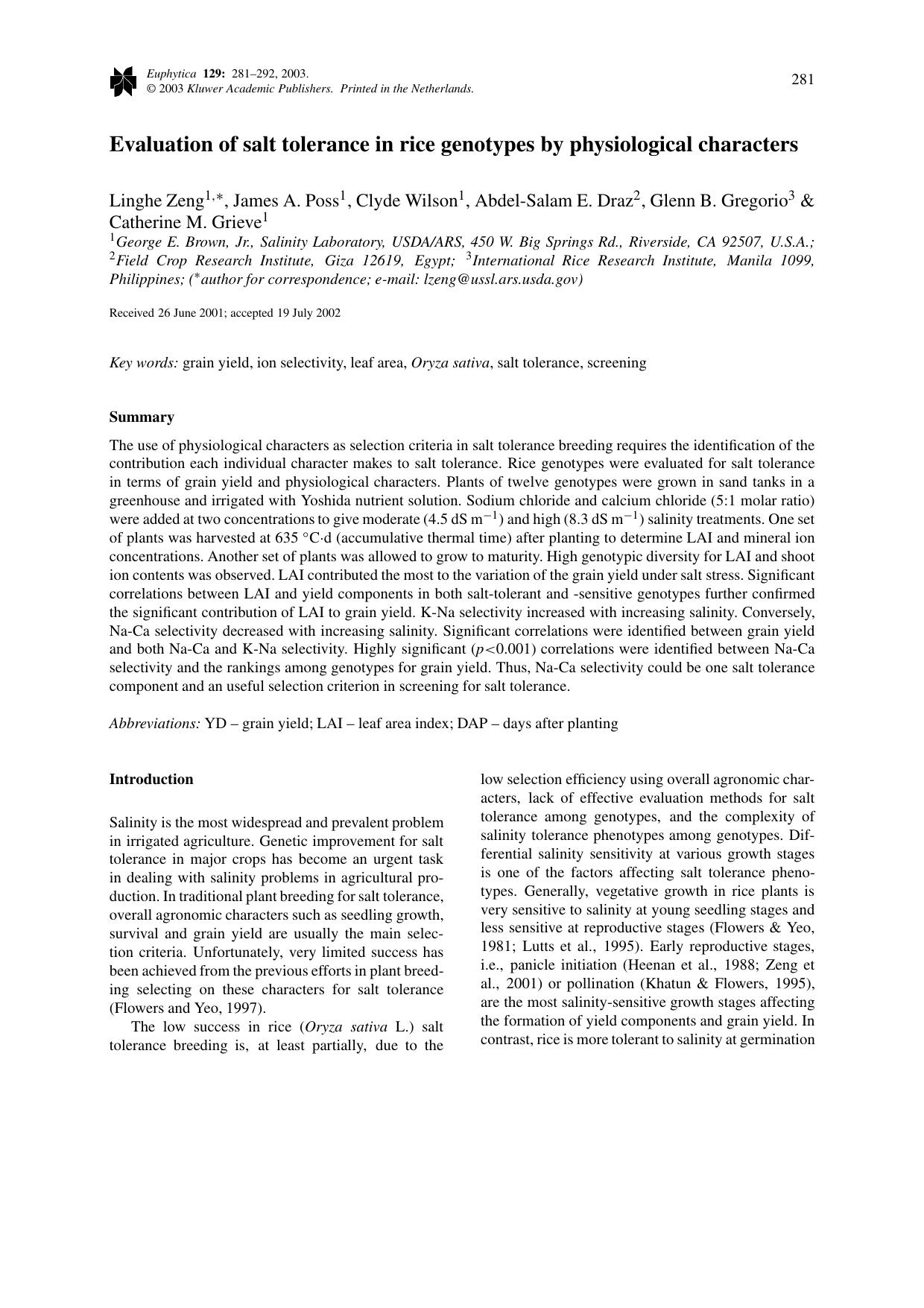 Evaluation of salt tolerance in rice genotypes by physiological characters by Unknown