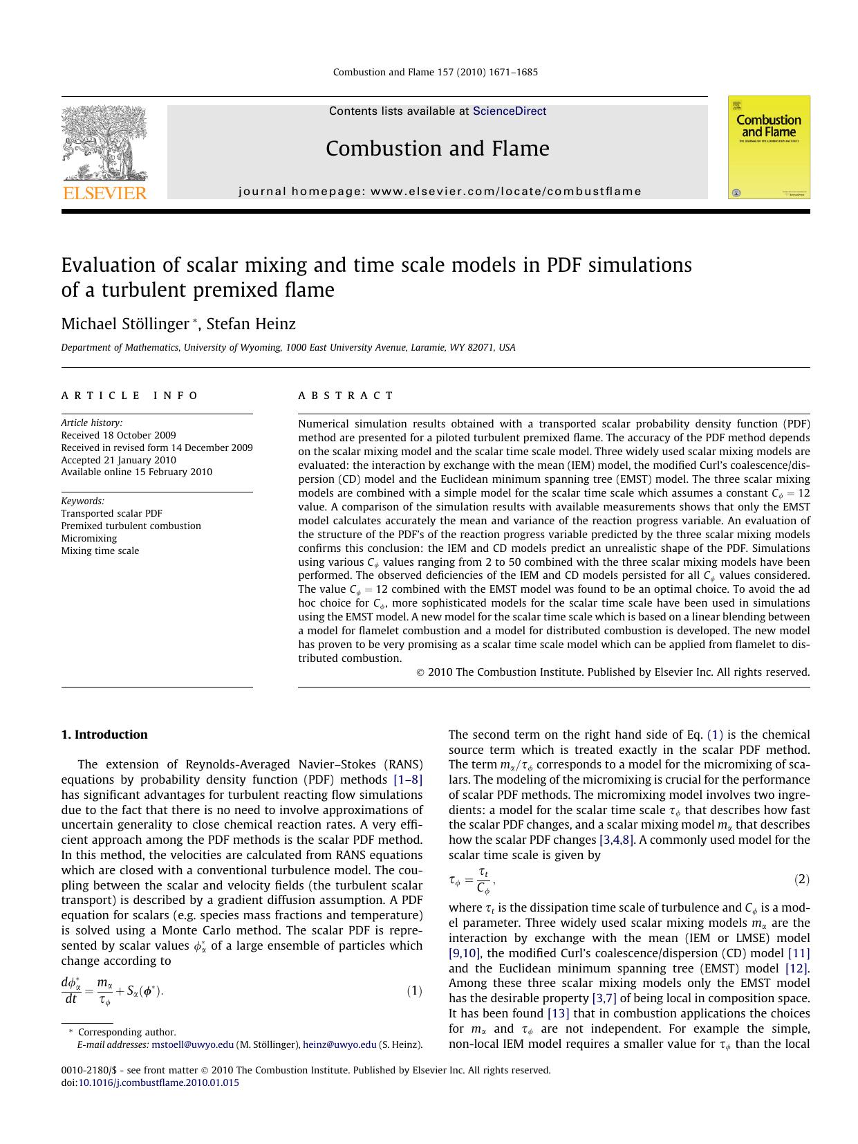 Evaluation of scalar mixing and time scale models in PDF simulations of a turbulent premixed flame by Michael StÃ¶llinger & Stefan Heinz