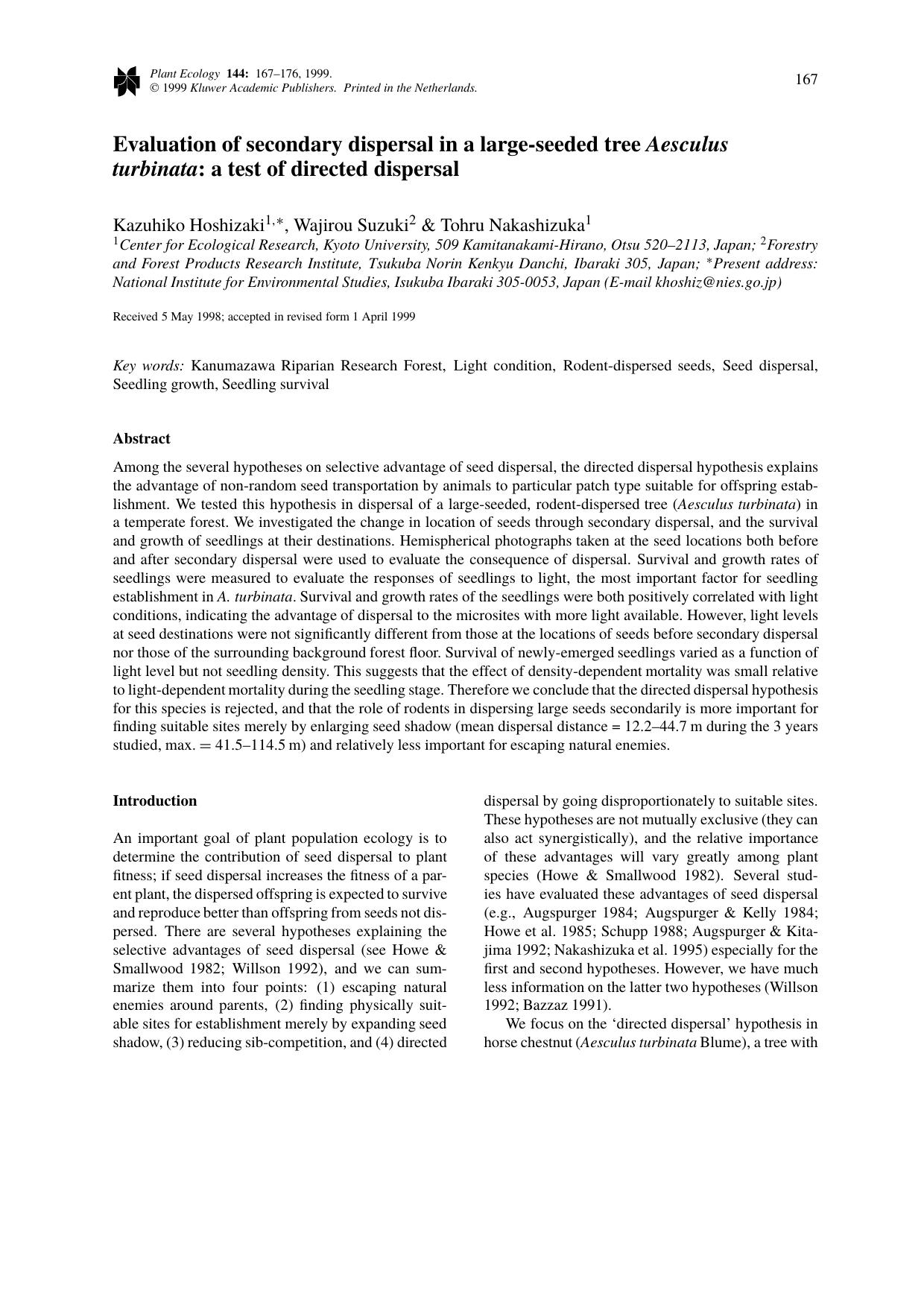 Evaluation of secondary dispersal in a large-seeded tree Aesculus turbinata: a test of directed dispersal by Unknown