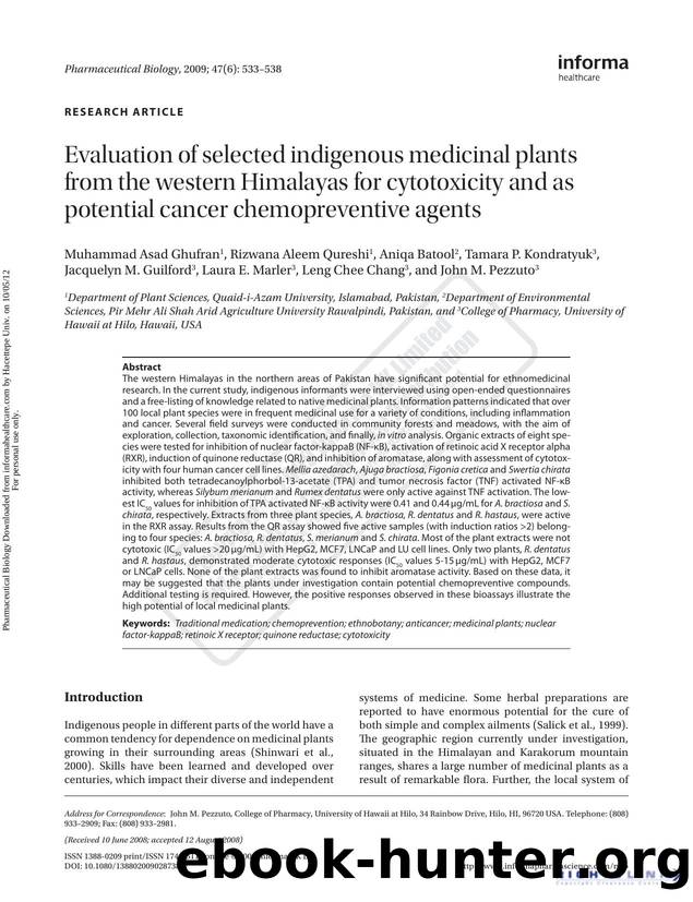 Evaluation of selected indigenous medicinal plants from the western Himalayas for cytotoxicity and as potential cancer chemopreventive agents by unknow