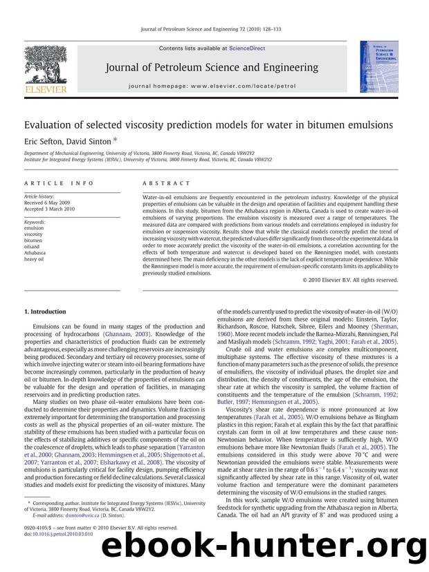 Evaluation of selected viscosity prediction models for water in bitumen emulsions by Eric Sefton; David Sinton
