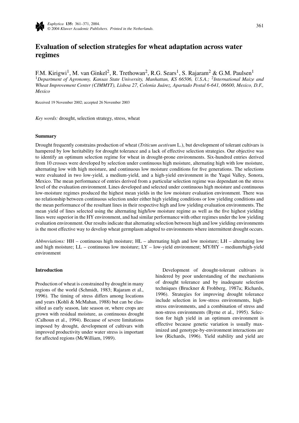 Evaluation of selection strategies for wheat adaptation across water regimes by Unknown