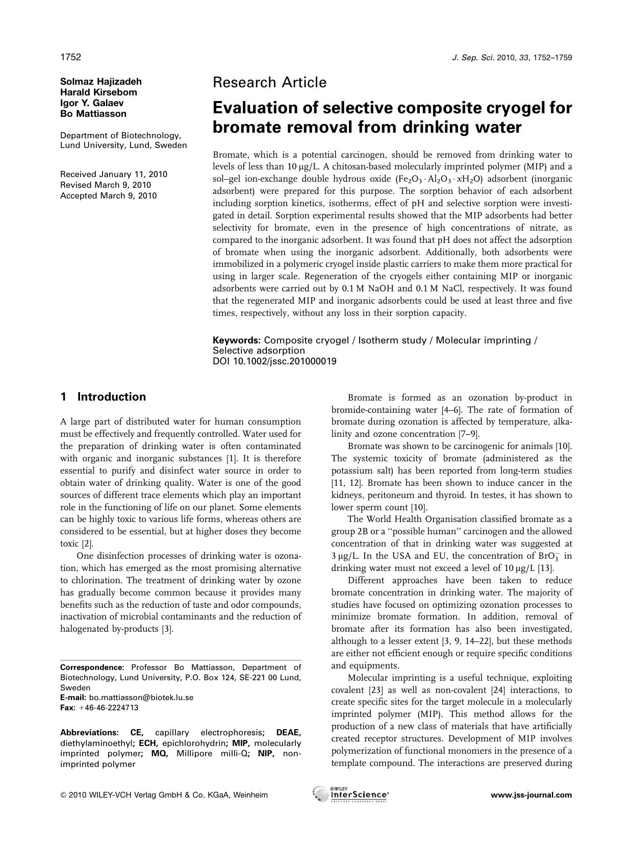 Evaluation of selective composite cryogel for bromate removal from drinking water by Unknown