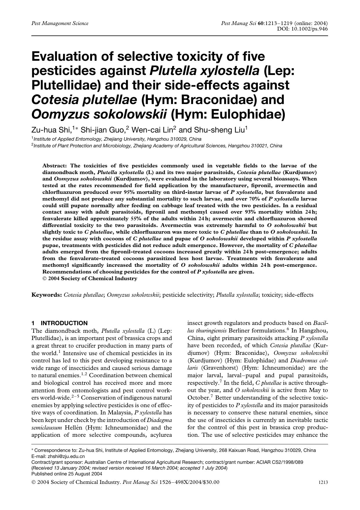 Evaluation of selective toxicity of five pesticides against Plutella xylostella (Lep: Plutellidae) and their side-effects against Cotesia plutellae (Hym: Braconidae) and Oomyzus so by Unknown