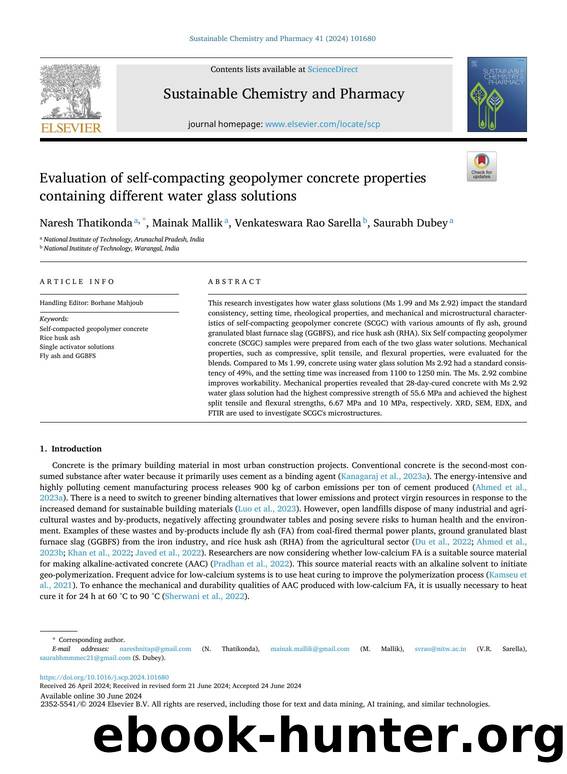 Evaluation of self-compacting geopolymer concrete properties containing different water glass solutions by Naresh Thatikonda
