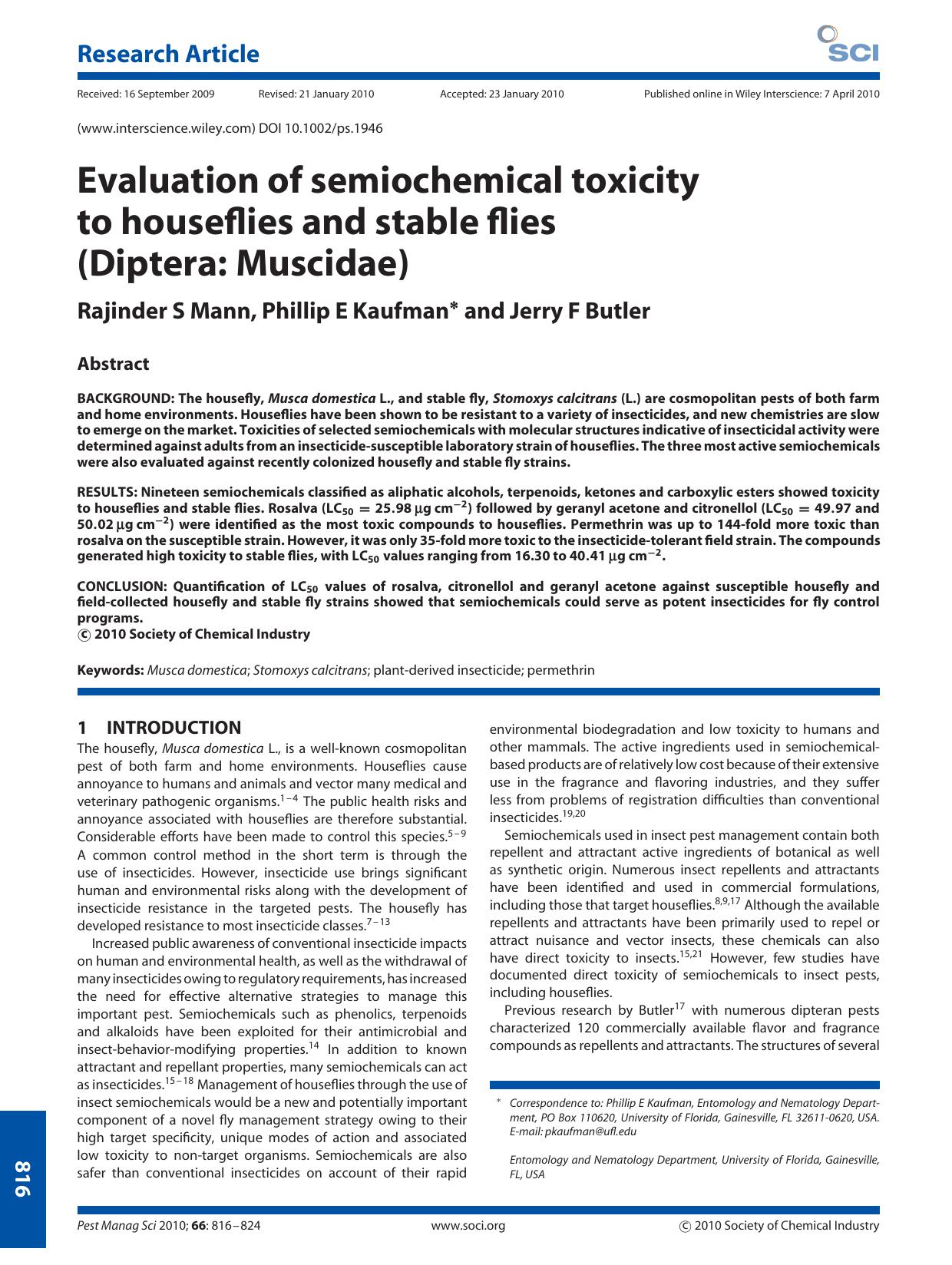 Evaluation of semiochemical toxicity to houseflies and stable flies (Diptera: Muscidae) by Unknown