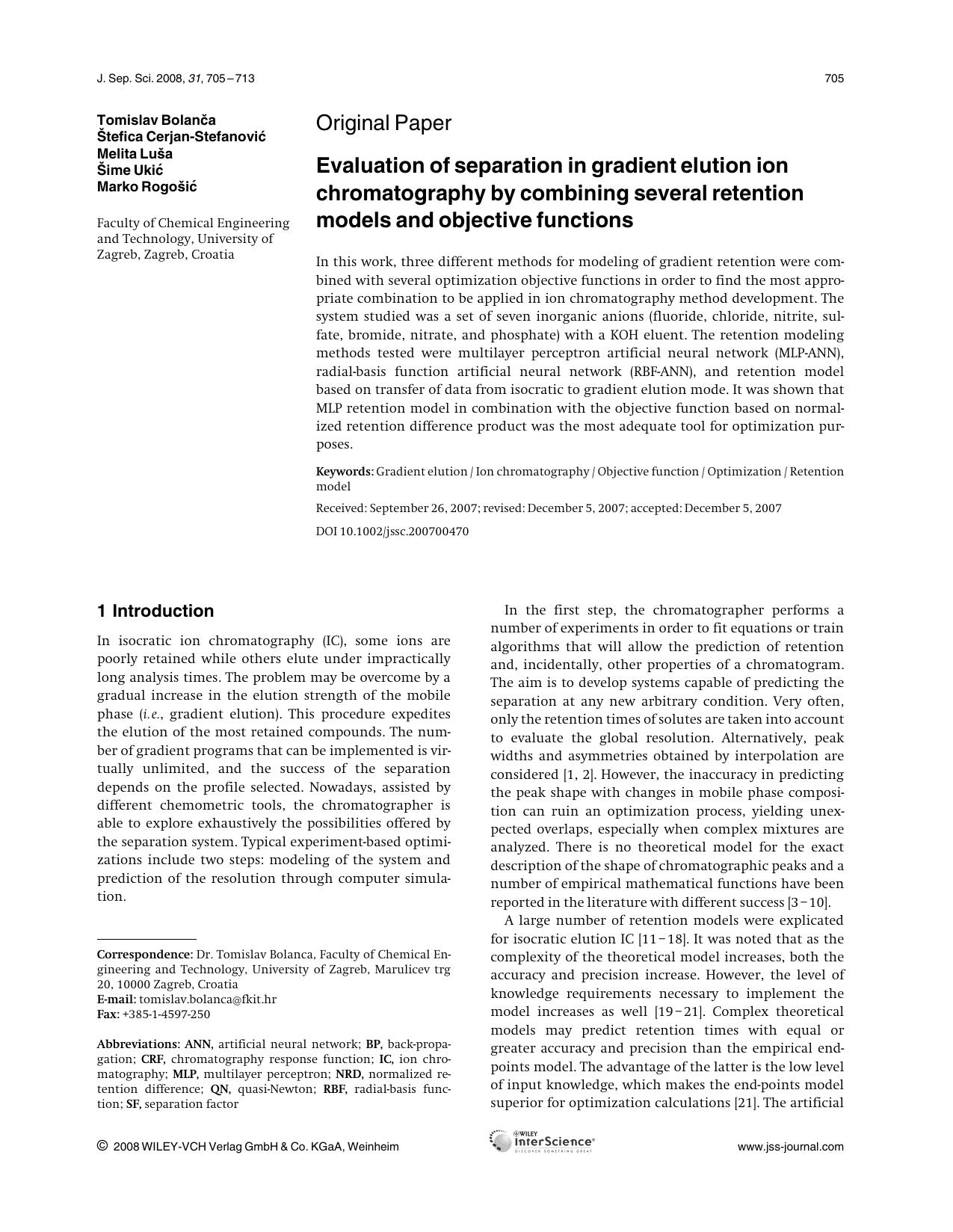 Evaluation of separation in gradient elution ion chromatography by combining several retention models and objective functions by Unknown