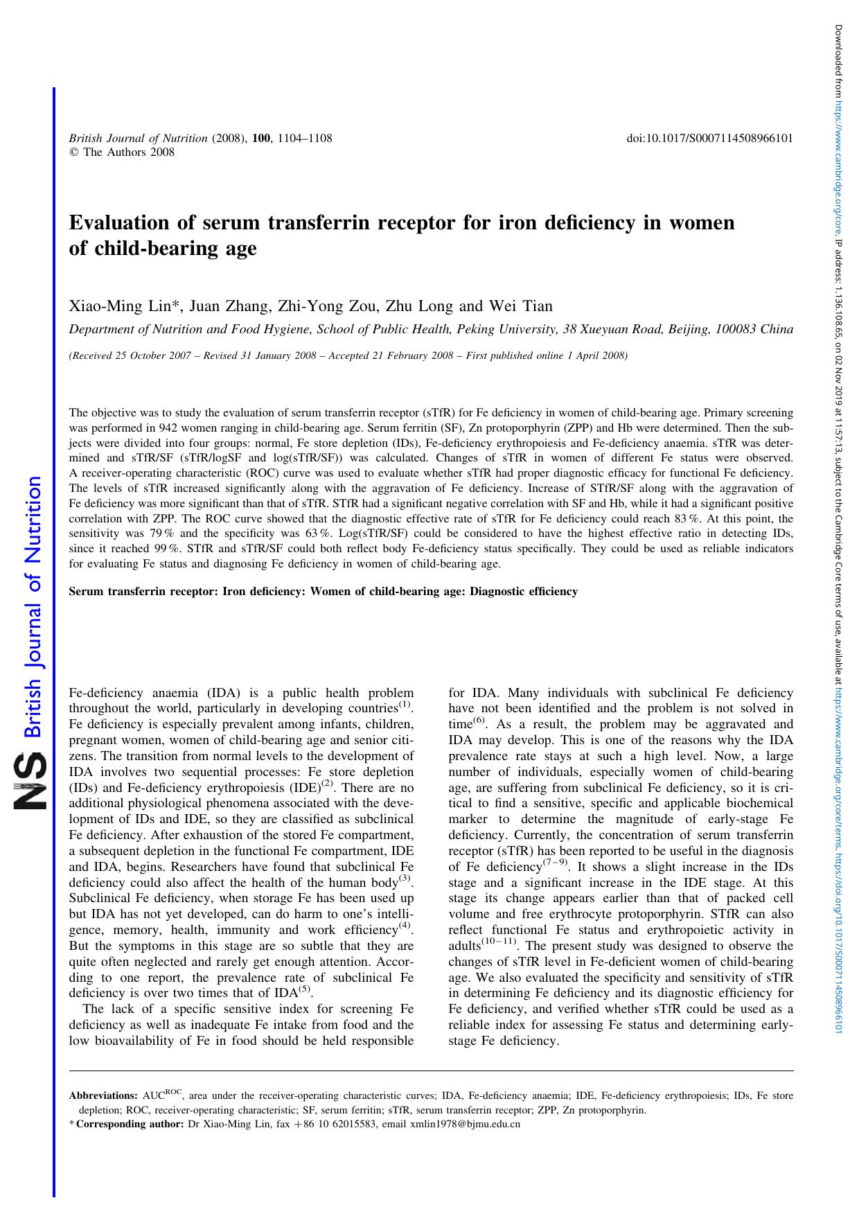 Evaluation of serum transferrin receptor for iron deficiency in women of child-bearing age by Xiao-Ming Lin Juan Zhang Zhi-Yong Zou Zhu Long Wei Tian