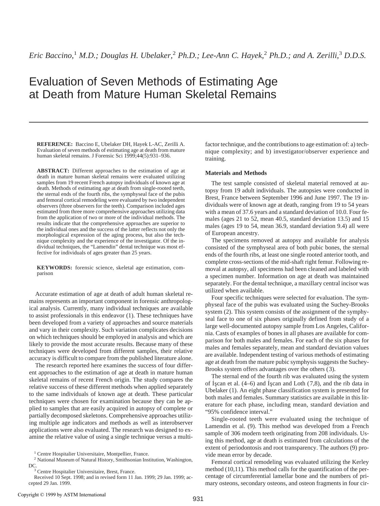 Evaluation of seven methods of estimating age at death from mature human skeletal remains by Baccino E Ubelaker DH Hayek LAC Zerilli A