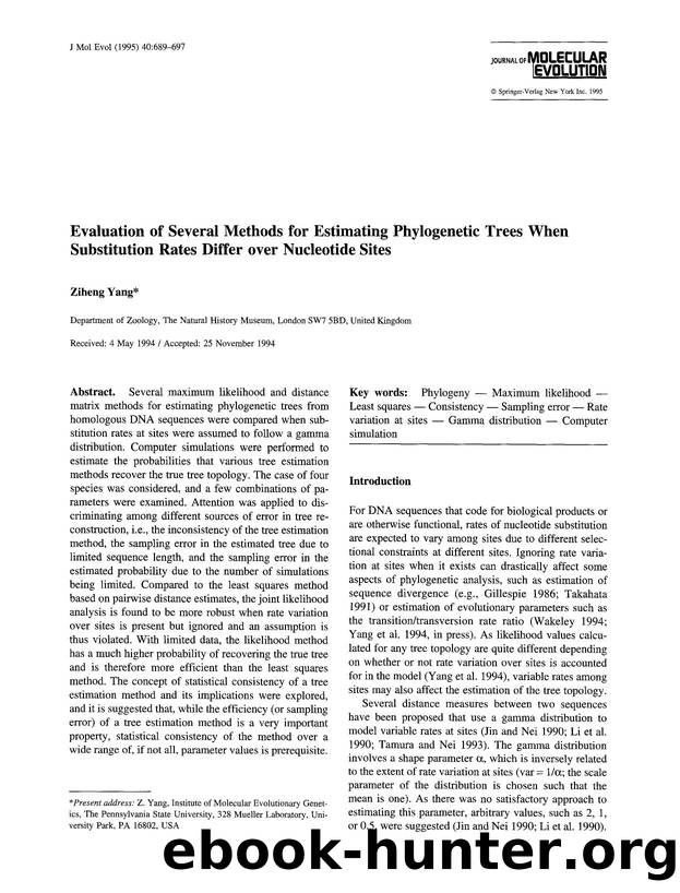 Evaluation of several methods for estimating phylogenetic trees when substitution rates differ over nucleotide sites by Unknown