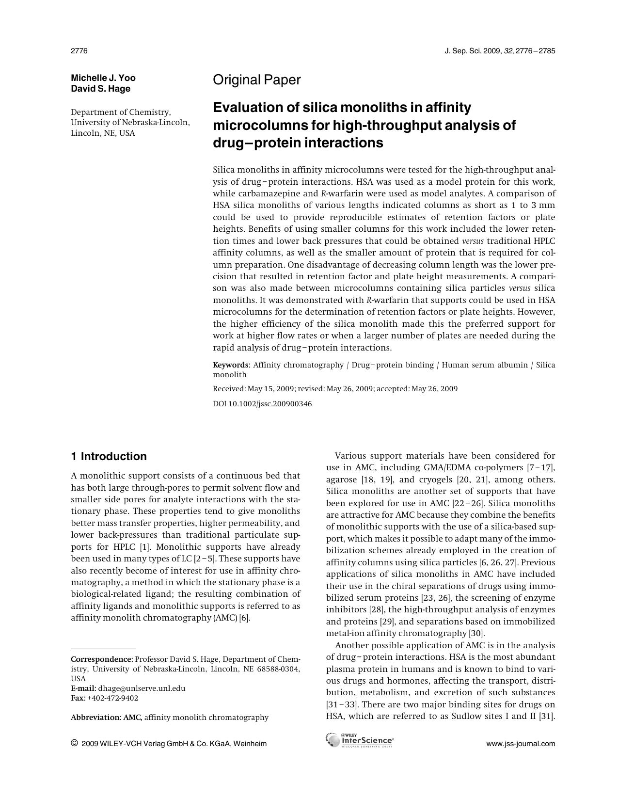 Evaluation of silica monoliths in affinity microcolumns for high-throughput analysis of drug-protein interactions by Unknown