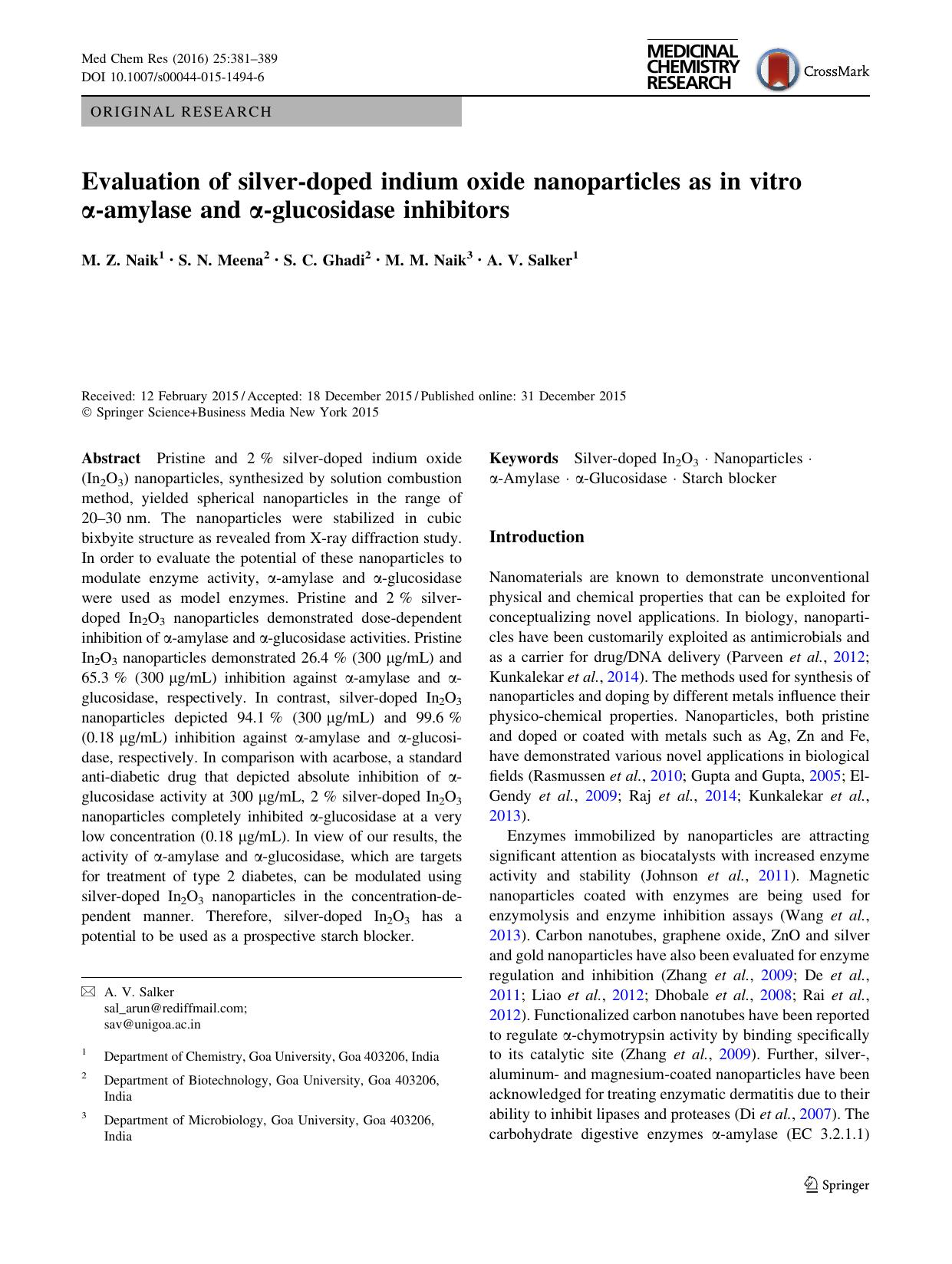 Evaluation of silver-doped indium oxide nanoparticles as in vitro Î±-amylase and Î±-glucosidase inhibitors by M. Z. Naik & S. N. Meena & S. C. Ghadi & M. M. Naik & A. V. Salker