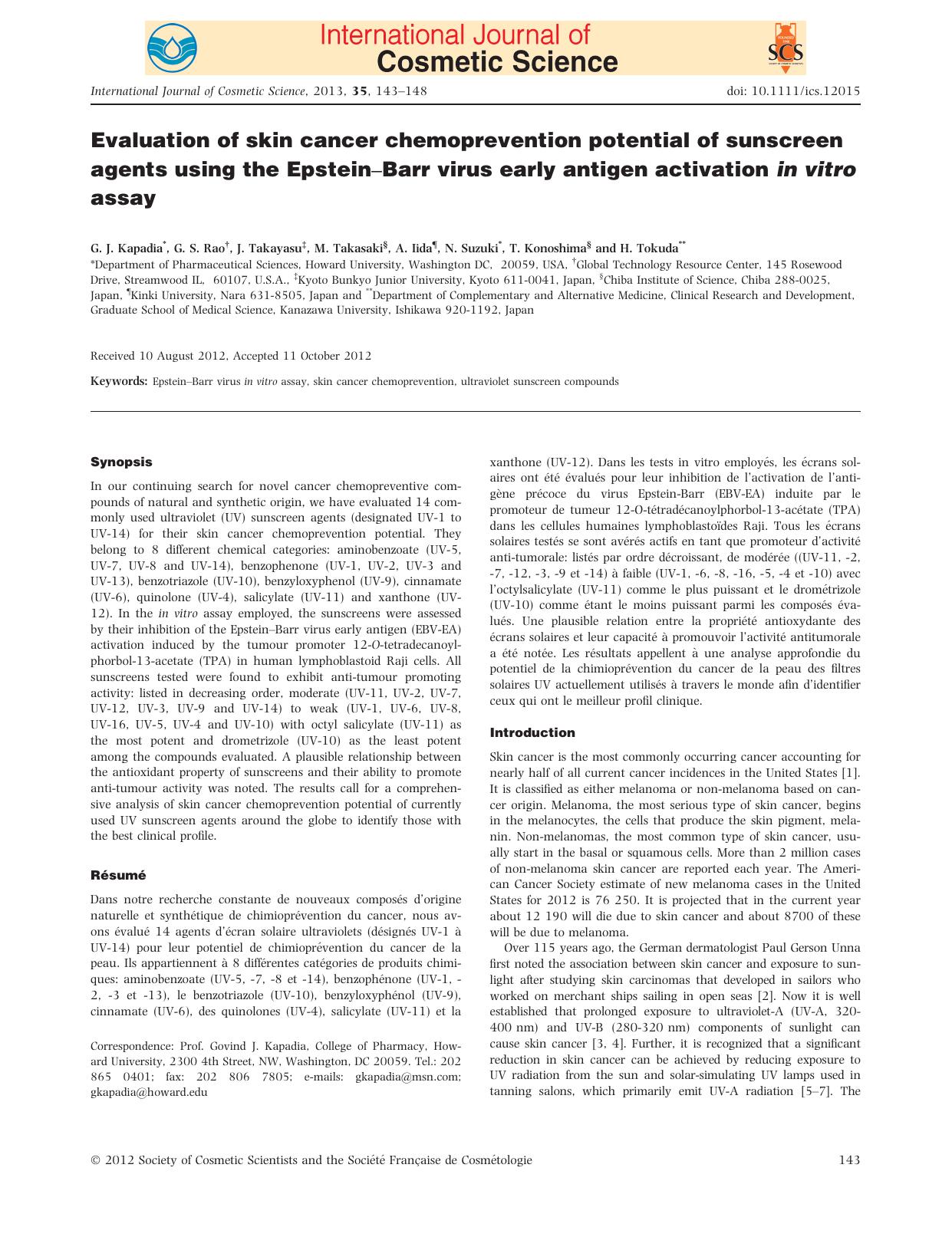 Evaluation of skin cancer chemoprevention potential of sunscreen agents using the EpsteinBarr virus early antigen activation in vitro assay by Unknown