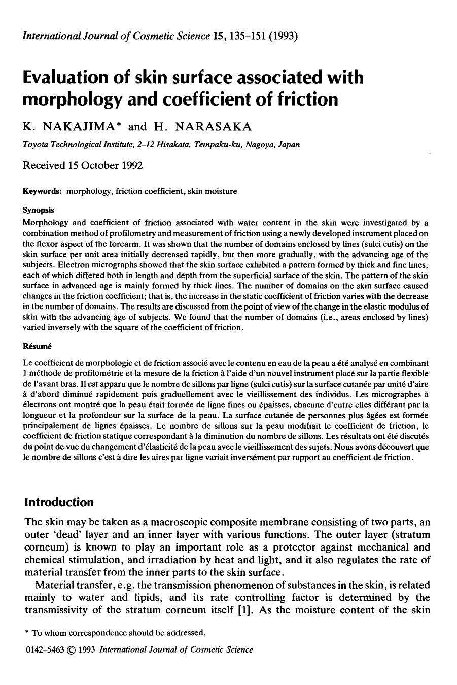 Evaluation of skin surface associated with morphology and coefficient of friction by Unknown