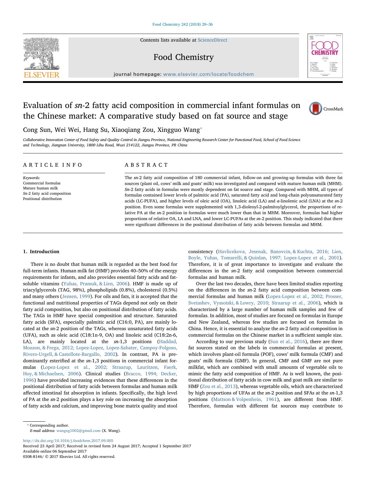 Evaluation of sn-2 fatty acid composition in commercial infant formulas on the Chinese market_ A comparative study based on fat source and stage by Cong Sun & Wei Wei & Hang Su & Xiaoqiang Zou & Xingguo Wang
