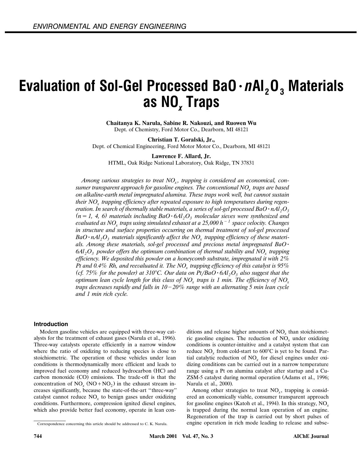 Evaluation of sol-gel processed BaO·nAl2O3 materials as NOx traps by ?