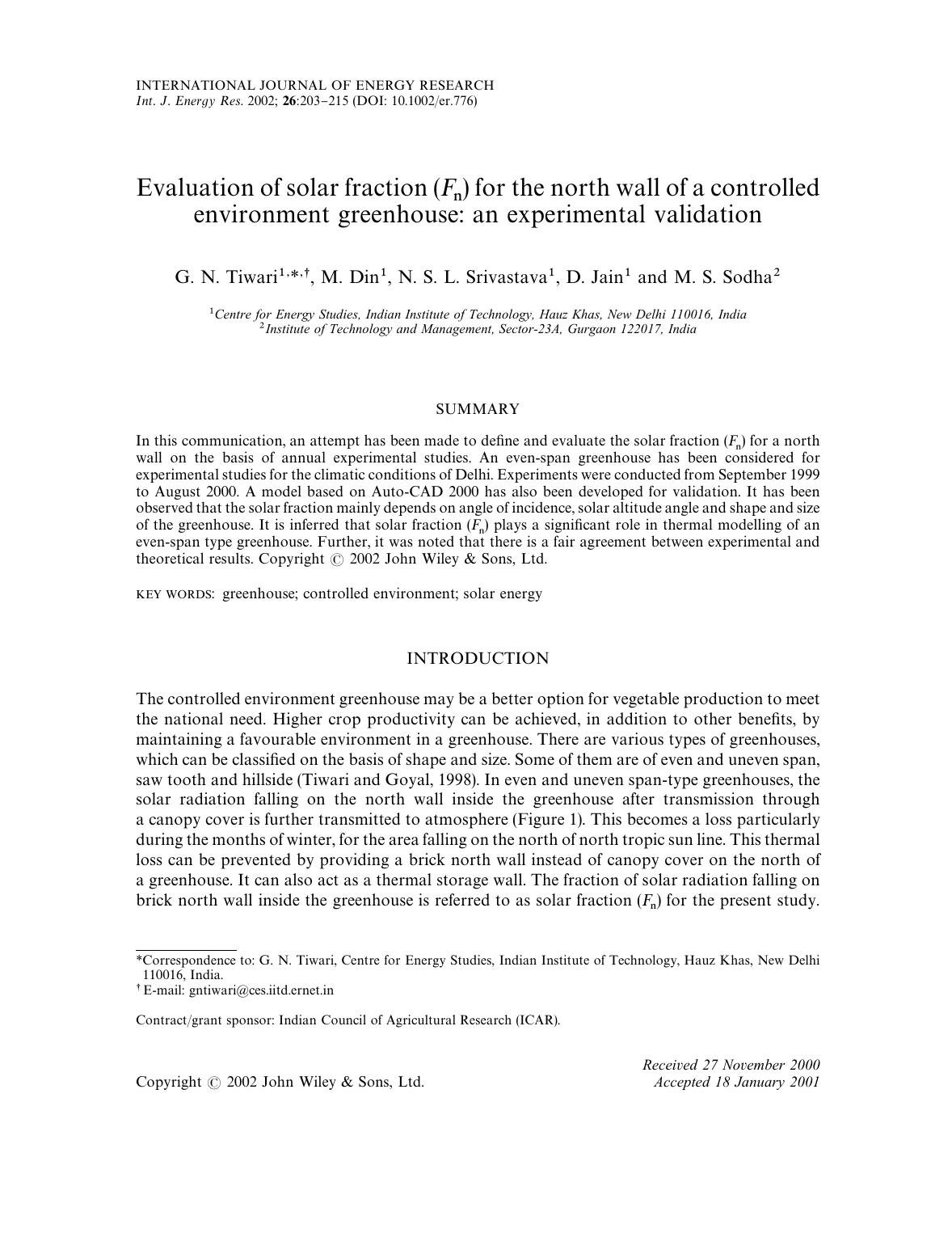 Evaluation of solar fraction (Fn) for a north wall of a controlled environment greenhouse: an experimental validation (ÐÑÐµÐ½ÐºÐ° Ð´Ð¾Ð»Ð¸ ÑÐ¾Ð»Ð½ÐµÑÐ½Ð¾Ð¹ ÑÐ½ÐµÑÐ³Ð¸Ð¸ Ð´Ð»Ñ by Tiwari G.N. Din M. Srivastava N.S.L. Jain D. Sodha M.S
