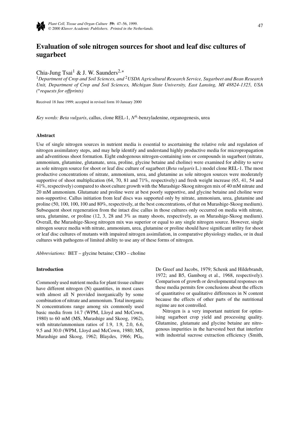 Evaluation of sole nitrogen sources for shoot and leaf disc cultures of sugarbeet by Unknown