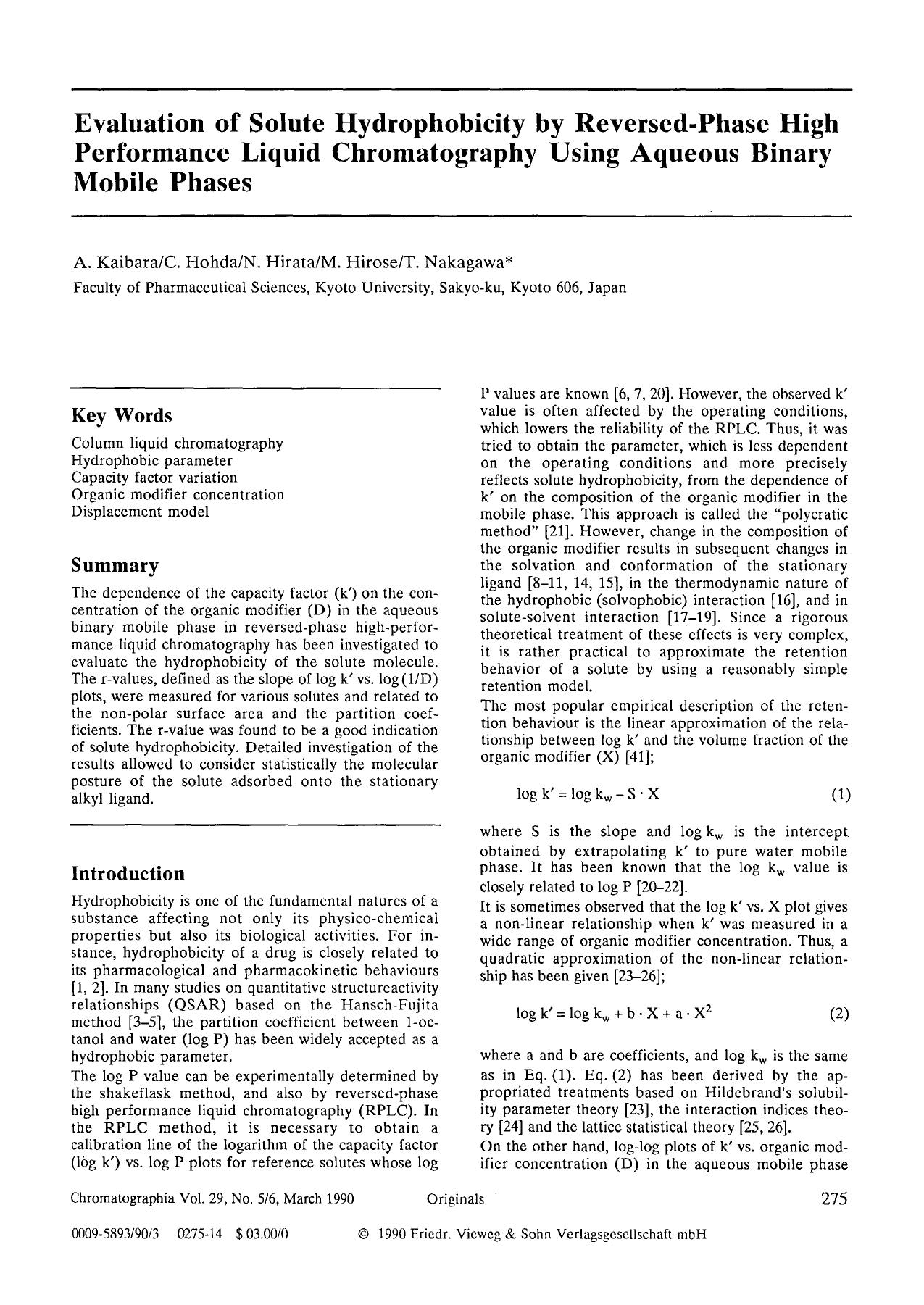 Evaluation of solute hydrophobicity by reversed-phase high performance liquid chromatography using aqueous binary mobile phases by Unknown