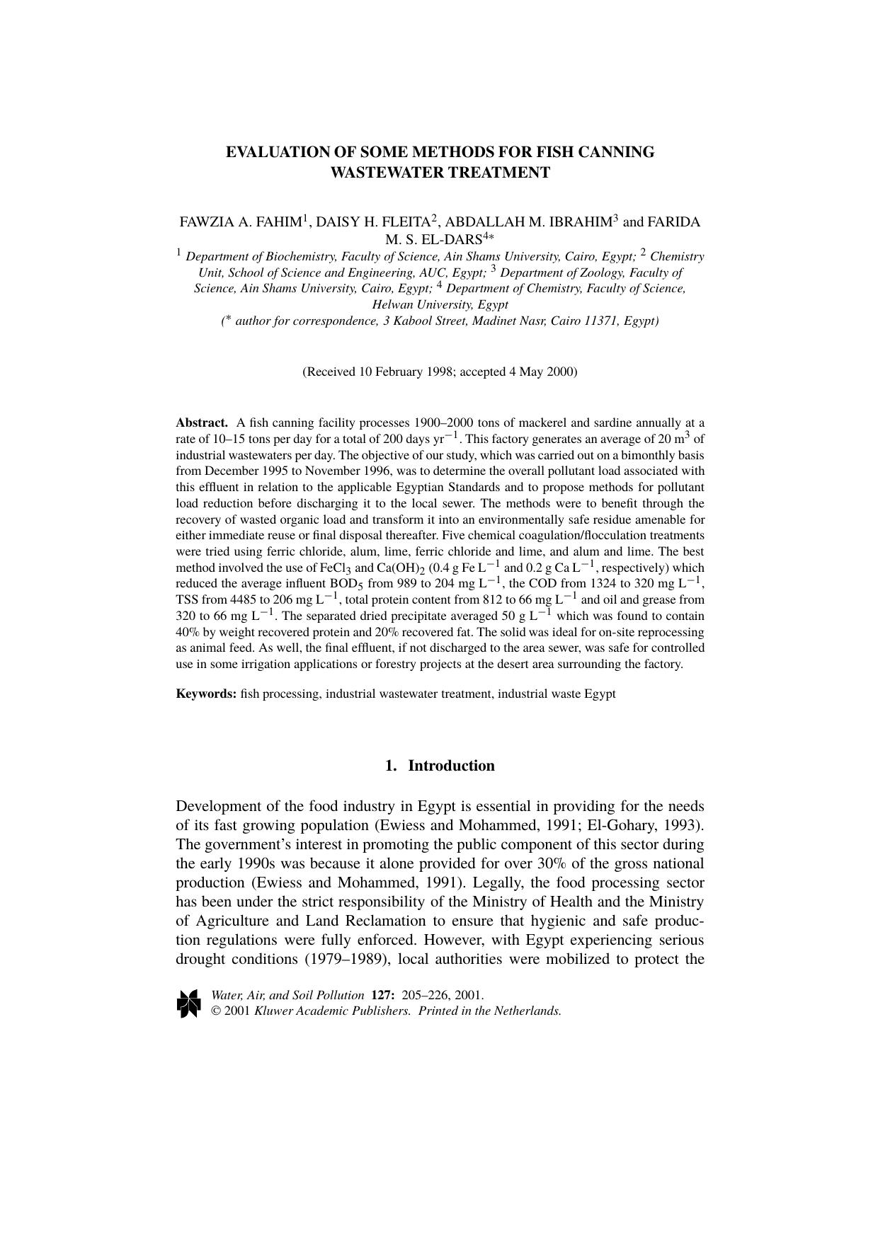 Evaluation of some Methods for Fish Canning Wastewater Treatment by Unknown