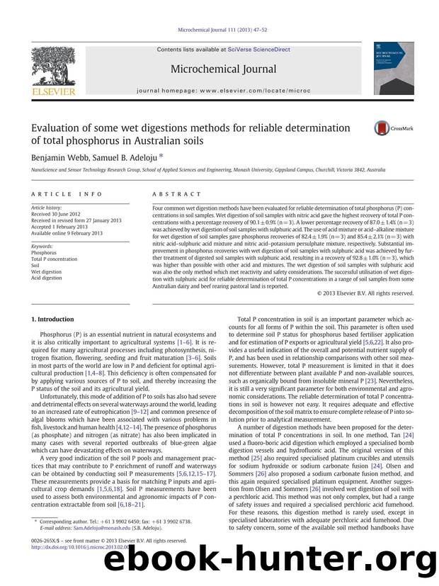 Evaluation of some wet digestions methods for reliable determination of total phosphorus in Australian soils by Benjamin Webb & Samuel B. Adeloju