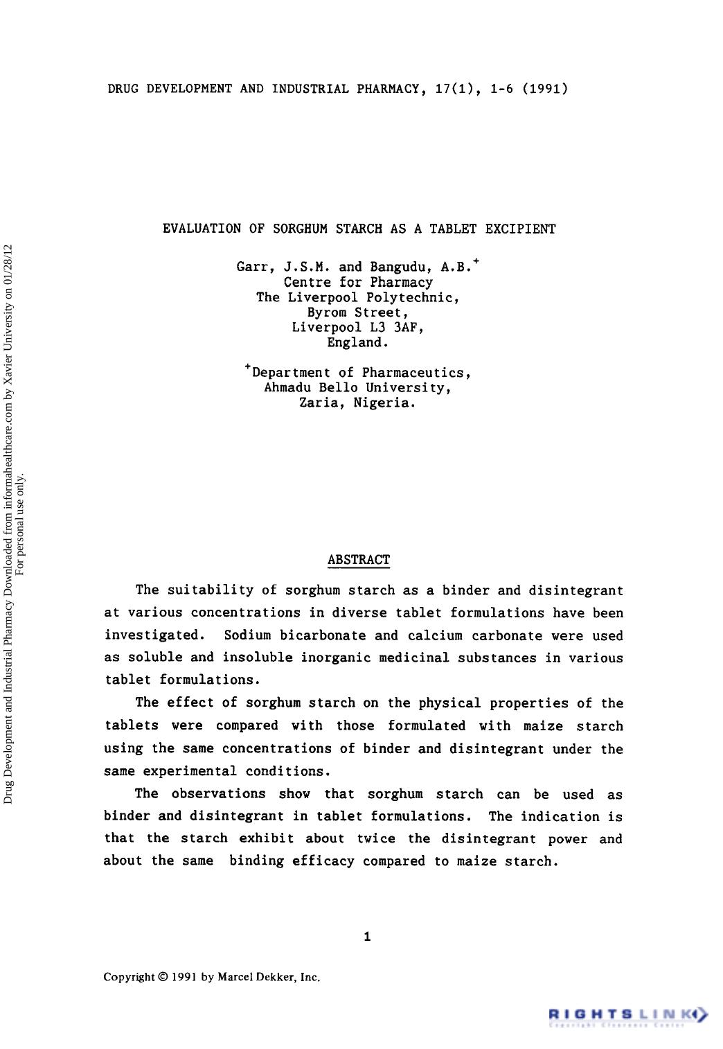Evaluation of sorghum starch as a tablet excipient by J. S.M. Garr & A. B. Bangudu