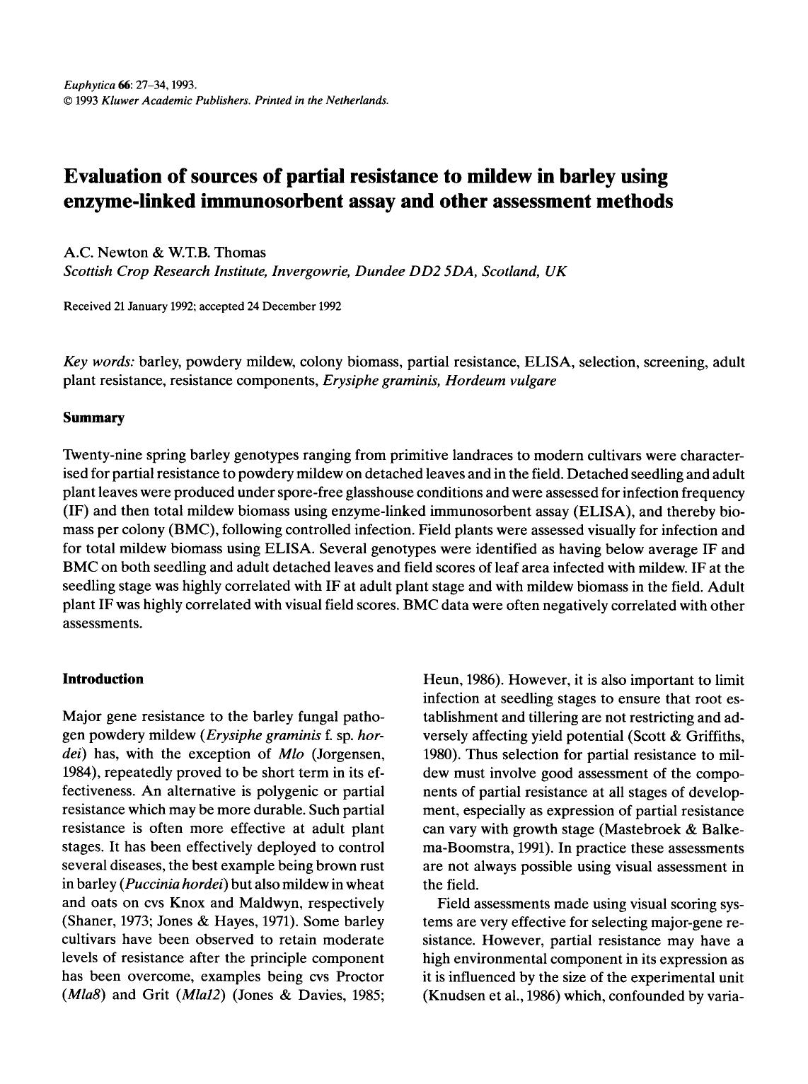 Evaluation of sources of partial resistance to mildew in barley using enzyme-linked immunosorbent assay and other assessment methods by Unknown